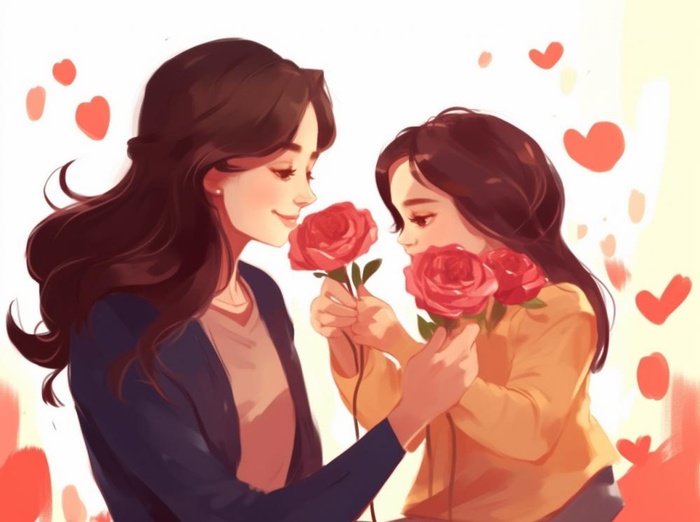 母亲节妈妈拥抱着孩子花海手绘插画素材海报背景(1264x944)