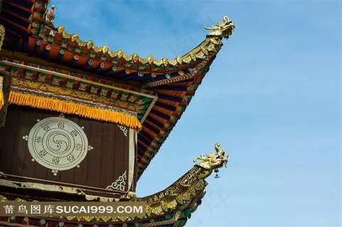 蓝天下的藏传佛教寺院建筑屋顶金色龙头挑檐景观