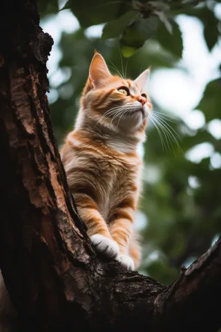 橘猫田园猫爬在树干上玩耍摄影图