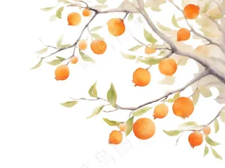 秋 柿子树水彩画插画免抠