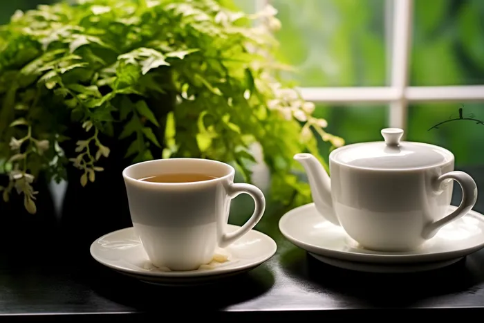 餐桌上的咖啡杯下午茶绿植阳光光影摄影图(4032x2688)
