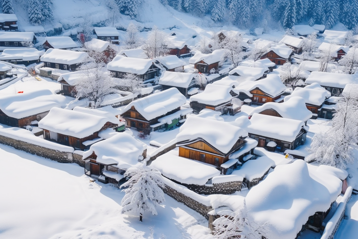 冬天白雪覆盖的小村庄雪景摄影图(4032x2688)