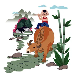 清明清明节卡通牧童骑着牛背吹笛