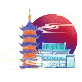 国潮风旅游建筑城市地标景区北京上海插图插画元素素材设计模板