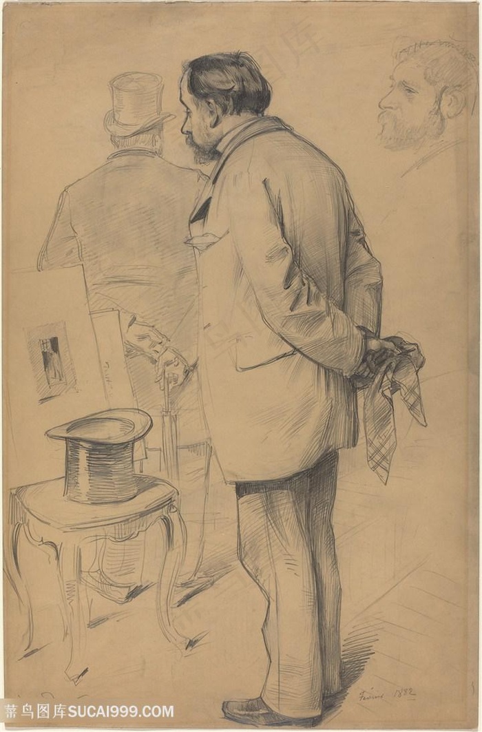 德加手绘老人素描装饰画