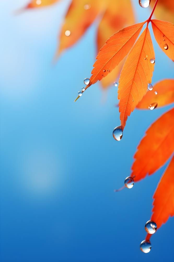 秋天枫叶雨水露珠清新背景