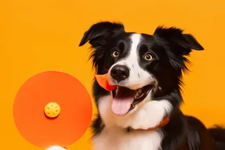 一只可爱的边牧宠物狗橙色背景摄影图