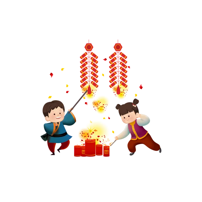 虎年新年场景包饺子舞狮鞭炮年夜饭手绘