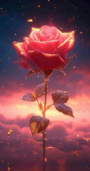 海平面上渐变落日前的一支粉色玫瑰花鲜花花朵，鲜艳爱情