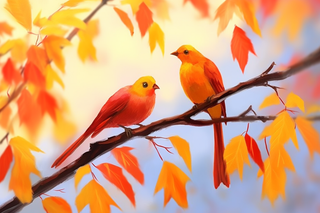 秋天树枝上站着的小鸟金红树叶插画素材背景 