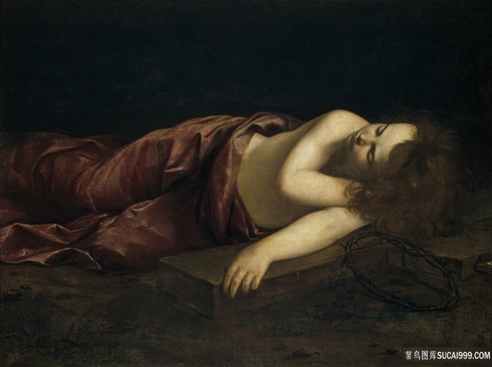 男孩耶稣睡在十字架上