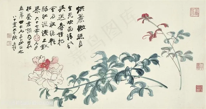 张大千手绘唯美花卉复古装饰画