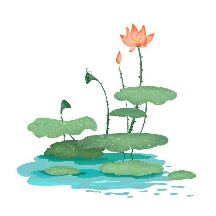 池塘荷花莲花手绘插画免扣素材
