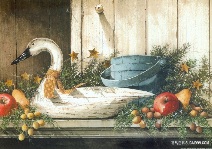 唯美天鹅木板高清油画