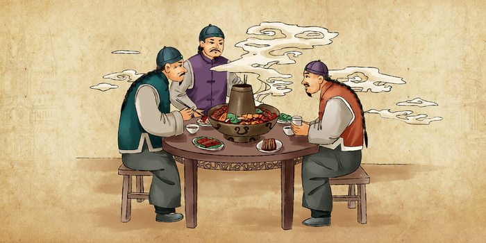 简洁中国古代水墨风吃火锅场景人物素材
