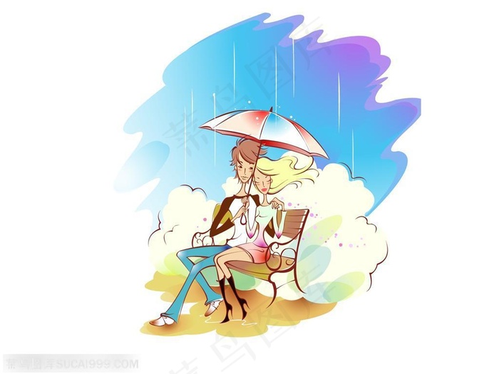 手绘坐在圆形喷水池旁的情侣