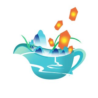 时尚微景观山水装饰庭院祥云中式国潮风插图插画元素素材设计模板