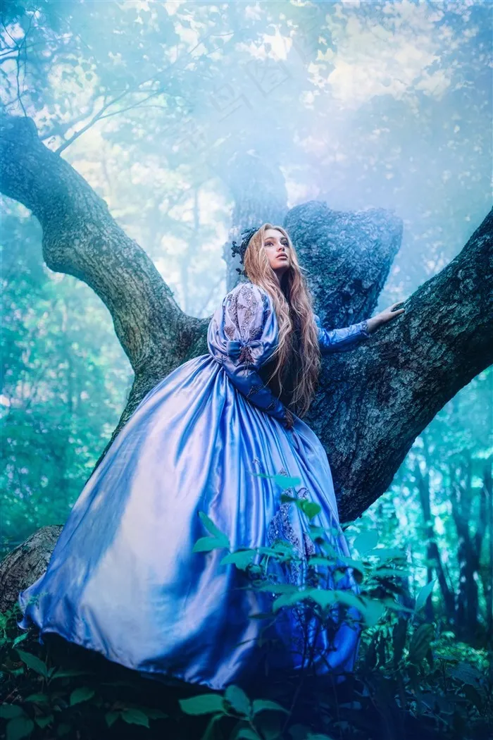 森林大树美女公主素材