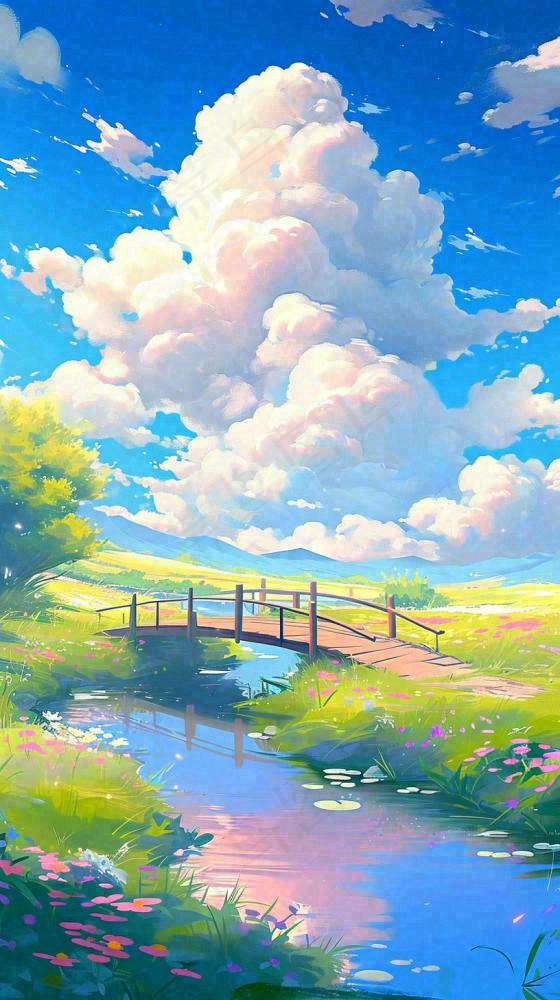 春天草坪河流小溪蓝天白云清新阳光手绘插画，立春春分(816x1456)