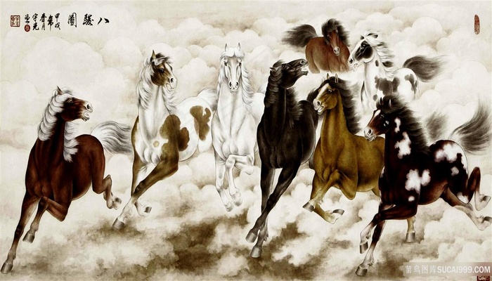 八骏全图花开富贵风景字画高清分辨率喷绘打印办公室挂画素材山水花草