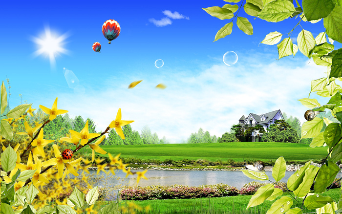 蓝天白云绿草花卉小湖风景