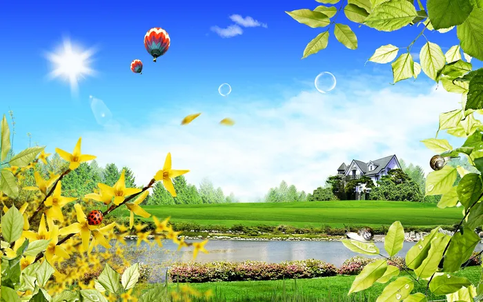 蓝天白云绿草花卉小湖风景