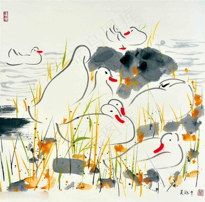 哈尔斯手绘水墨鸭子装饰画