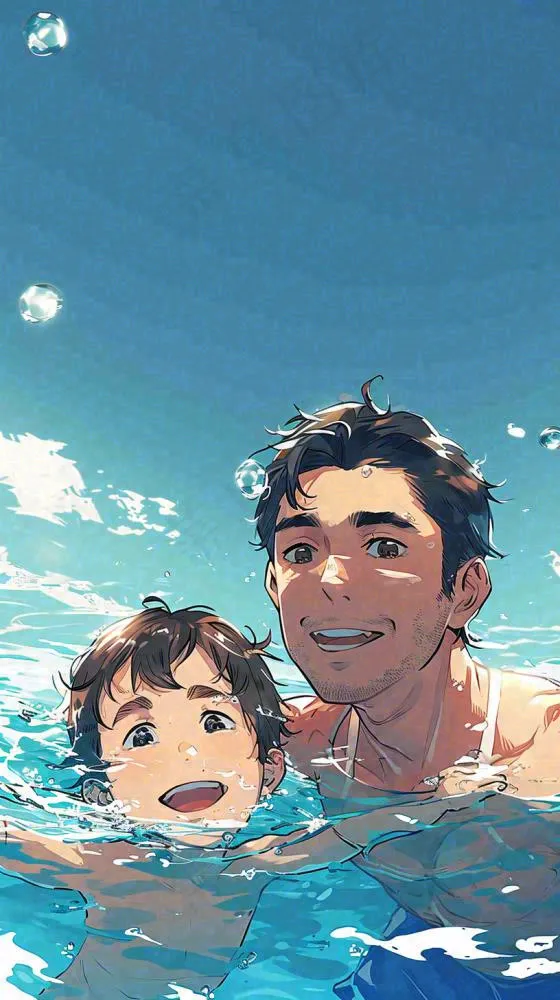 夏天游泳兄弟父子，父亲节父爱，清爽暑期夏至(816x1456)