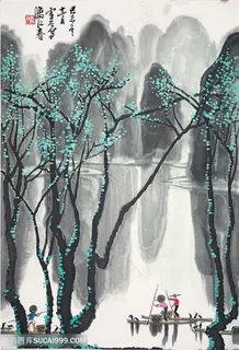 白雪石水墨山脉湖畔美景