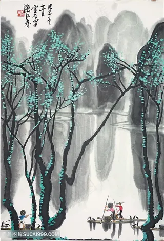 白雪石水墨山脉湖畔美景