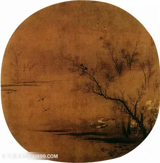 中国水墨山水画水鸭团扇扇面