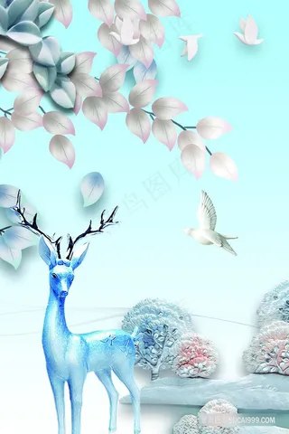 唯美飞鸟麋鹿树枝风景画插画