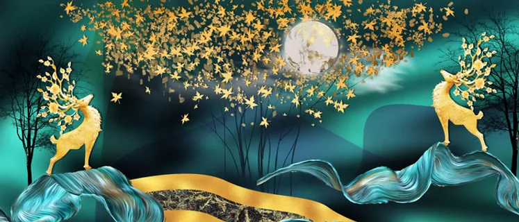 三联金鹿林木蓝色背景