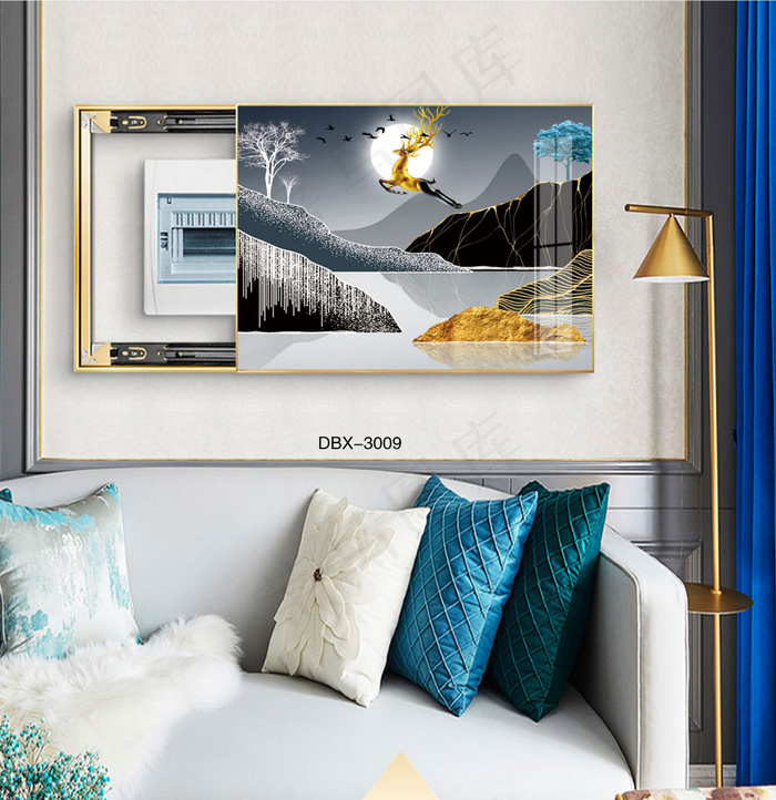 大气时尚家居室内装饰场景客厅沙发卧室床铺电表箱壁画背景图金鹿山水月夜