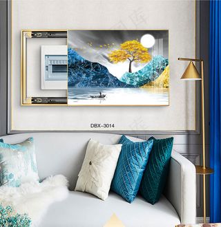 大气时尚家居室内装饰场景客厅沙发电表箱壁画背景图装饰画轻奢山水帆船月夜
