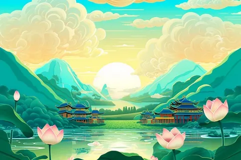 国潮夏日清新荷花建筑插画背景