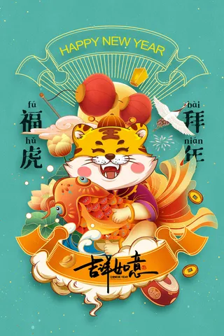 迎新年新年海报虎年海报2022虎年大吉虎年
