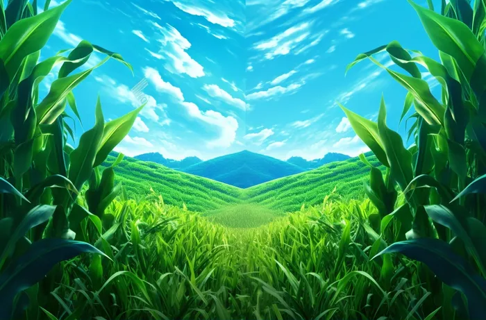 开阔的玉米田蓝天白云插画背景(4080x2688)