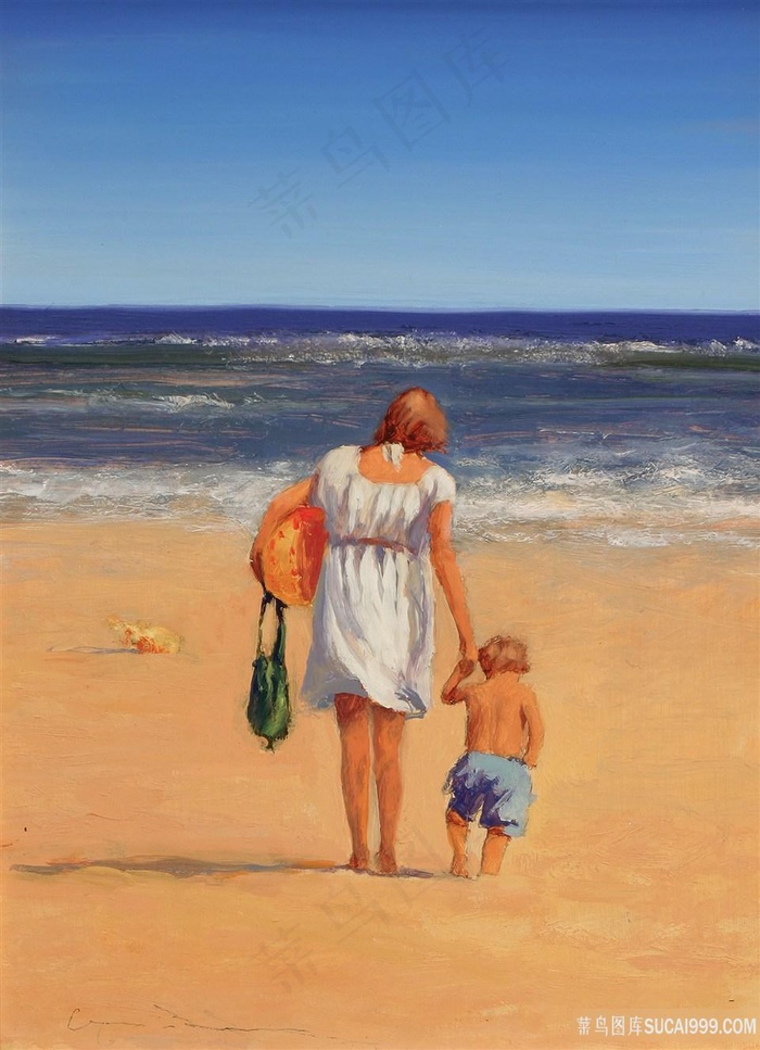母子沙滩海景油画风景画