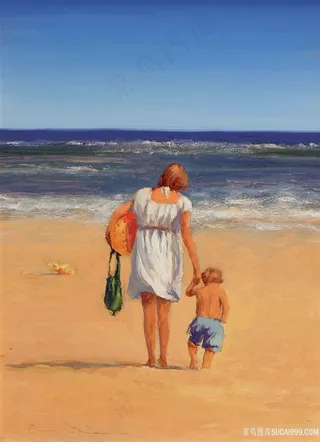 母子沙滩海景油画风景画