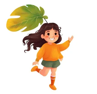 女孩奔跑叶子插画元素
