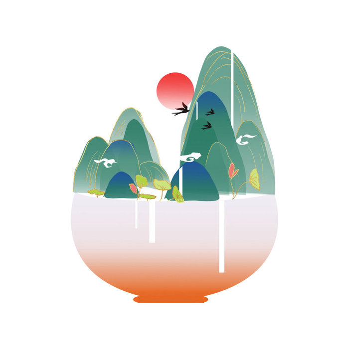 时尚微景观山水装饰庭院祥云中式国潮风插图插画元素素材设计模板