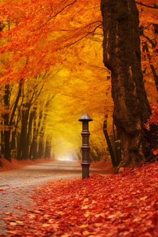 秋天公路边的红色树木树叶都落在了路边摄影图