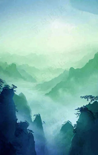 中国风云雾山脉河流湖面意境植物