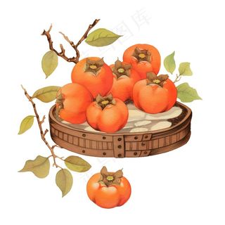秋日柿子水果水彩画免抠