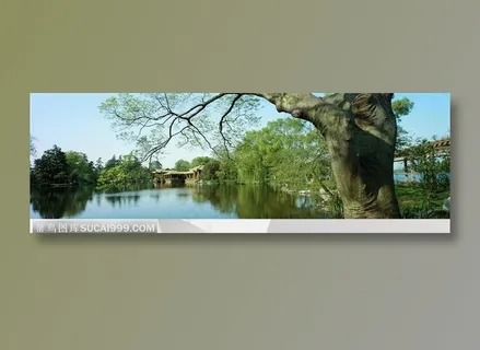 湖边亭台绿树图片