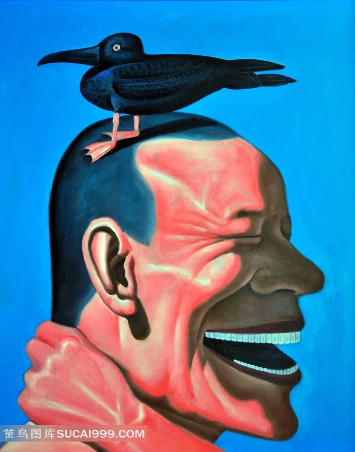 开怀大笑的男人与乌鸦