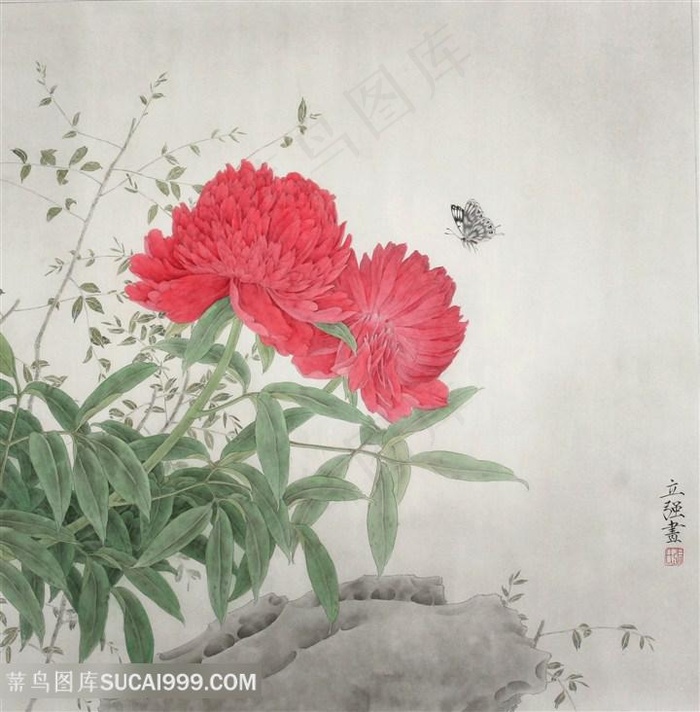 中式花卉水墨插画