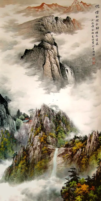 高山流水流水生财源远流长山水花鸟江山多娇装饰画psd模版下载