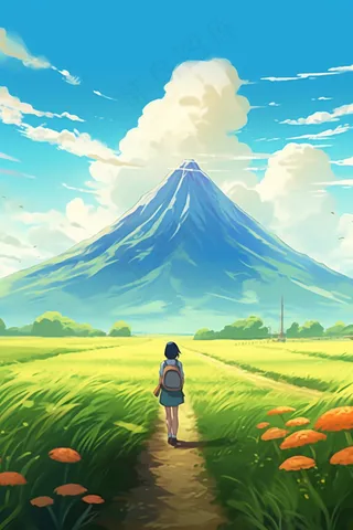 女孩走在山野路上草丛小花高山雪山天空卡通插画背景